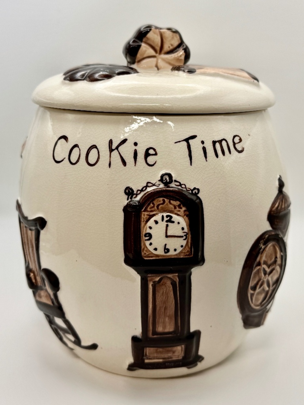 Vintage Japan Cookie Jar Cream Glazed Ceramic Retro Brown 3D Farmhouse Furniture